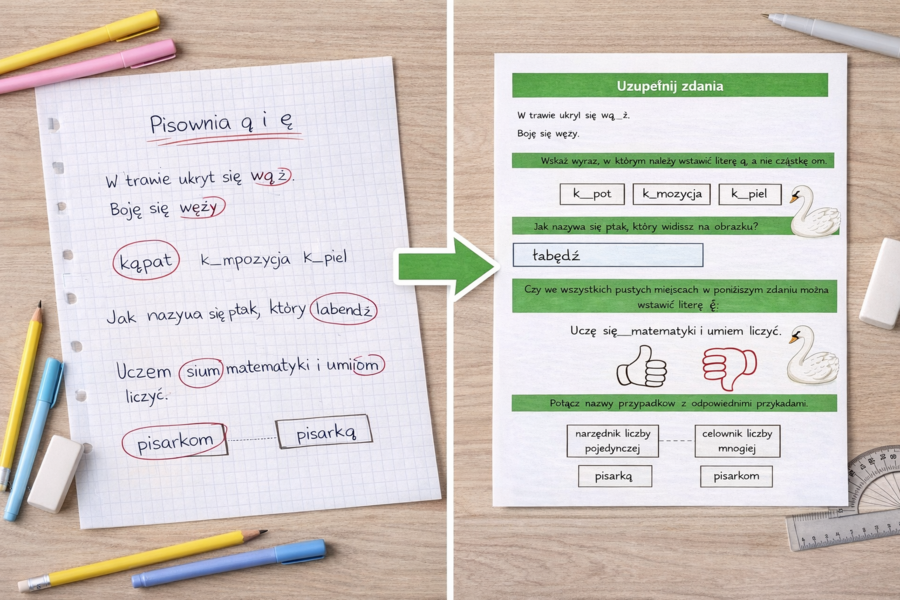 PISOWNIA Ą I Ę [Karta pracy, sprawdzian]