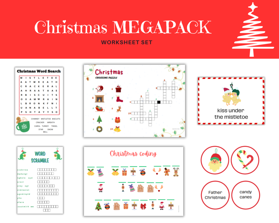 Christmas MegaPack - Ćwiczenia i gry na poznanie, utrwalenie słownictwa i zwrotów, Boże Narodzenie, Krzyżówka, Wykreślanka, Memory, Karty obrazkowe z podpisami