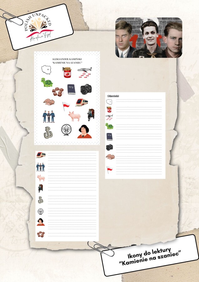 Ikony (obrazki) do lektury "Kamienie na szaniec", język polski, egzamin ósmoklasisty, lektura obowiązkowa klasa 7-8