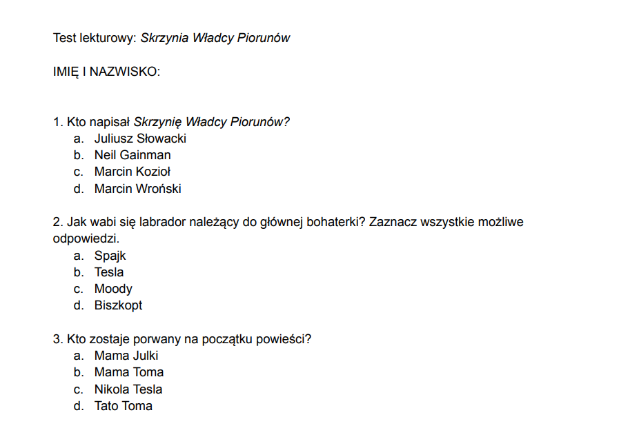 Skrzynia Władcy Piorunów - test lekturowy