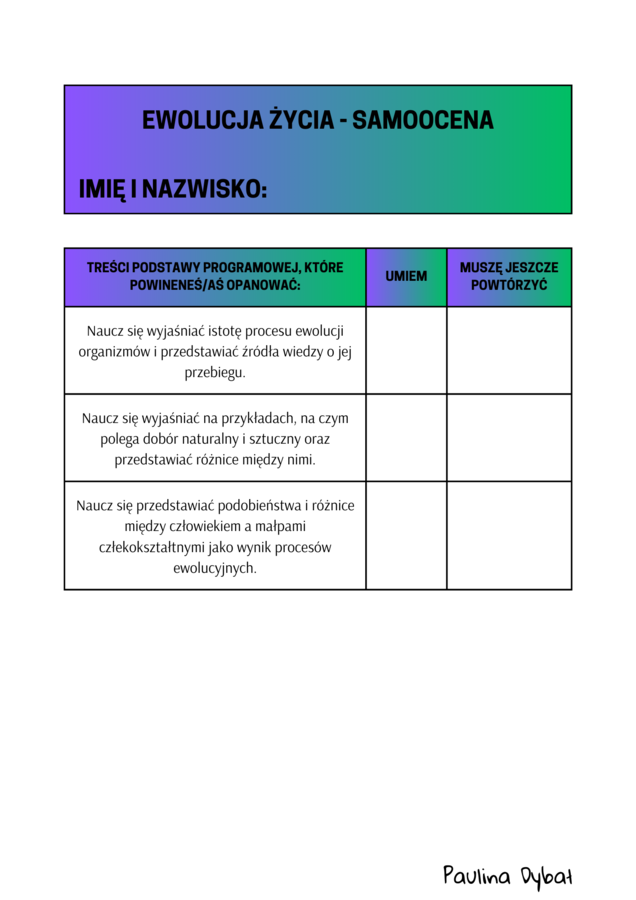 Karta samooceny ucznia klasy 8 - biologia - podstawa programowa