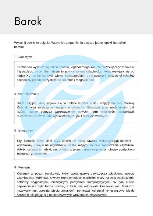 Barok – Najważniejsze Zagadnienia – Karty Pracy dla Maturzystów