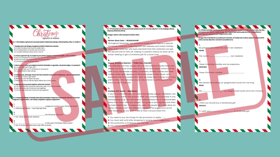 Egzamin 8-klasisty – CHRISTMAS LESSON | Zestaw zadań egzaminacyjnych do e8: reakcje, dialogi, czytanie, tłumaczenia, e-mail + klucz odpowiedzi! (Poziom A2-B1)