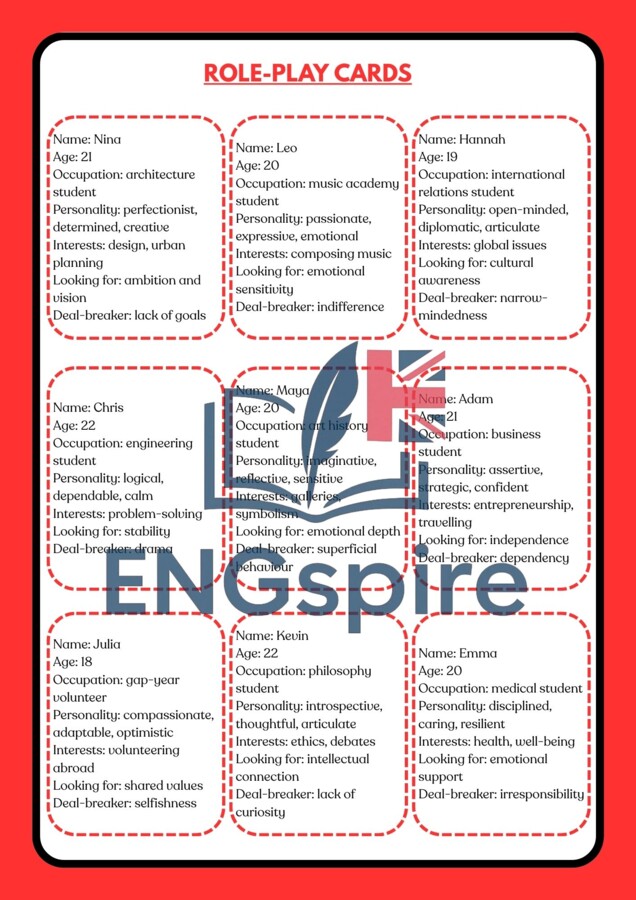 Love & Relationships. Kompletna walentynkowa lekcja B1/B2  wraz z role play (speed dating)