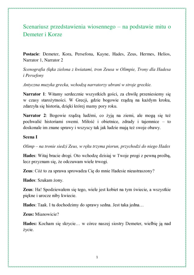 Demeter i Kora - Scenariusz wiosennego przedstawienia