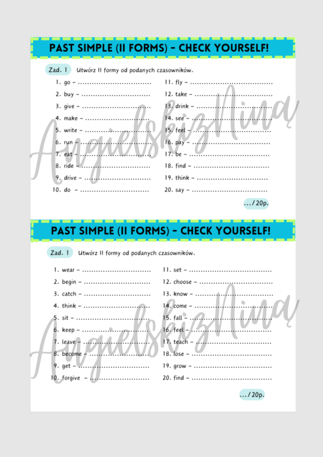 Past Simple - II forms - Irregular Verbs - czasowniki nieregularne - karta pracy - kartkówka - wklejka - dwie wersje - dwa stopnie trudności