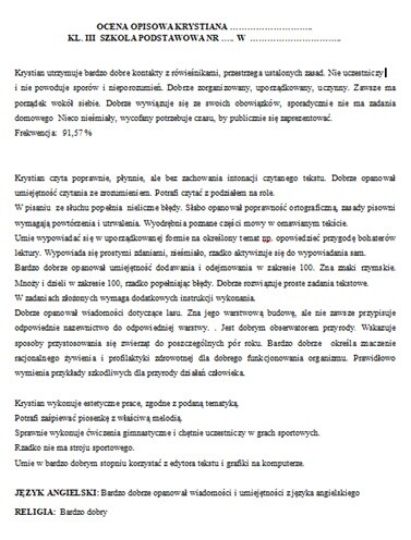 Ocena opisowa klasa 3
