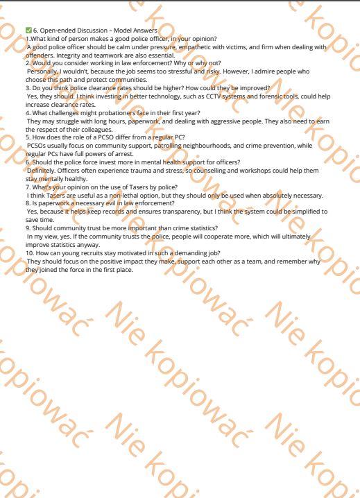 Karta pracy Work in the UK Police ze słowniczkiem i kluczem odpowiedzi