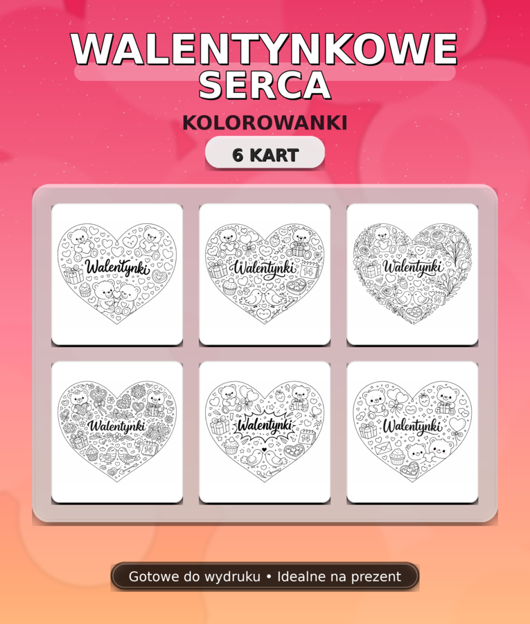 Walentynki – serca z wzorami do kolorowania (6 kart)