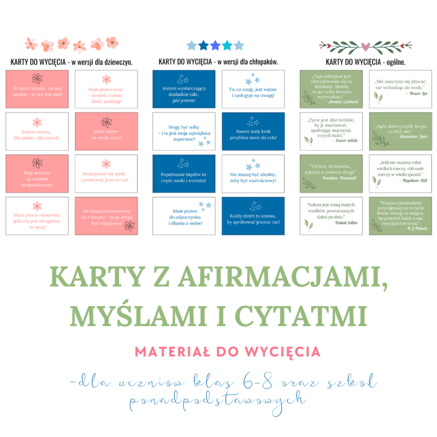 Karty z afirmacjami, myślami i cytatami dla uczniów starszych