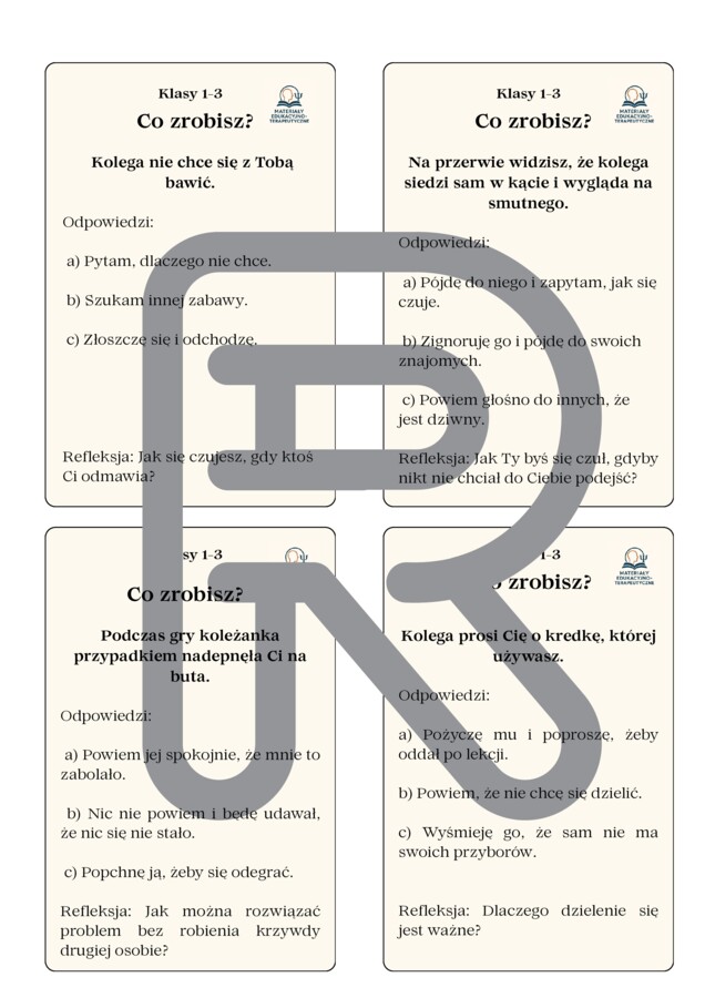 PAKIET: Karty sytuacyjne dla uczniów kl.1-3 (52karty) oraz 4-8 (56 kart)- TUS, zajęcia rozwijające kompetencje emocjonalno-społeczne, świetlica, rewalidacja, godzina wychowawcza, terapia