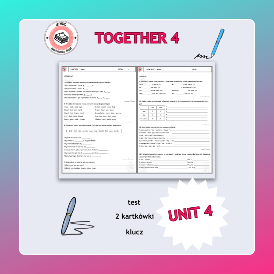 Together 4 Unit 4 - zestaw: Vocabulary + Grammar Activities + Board Game + Speaking test + kartkówki i test