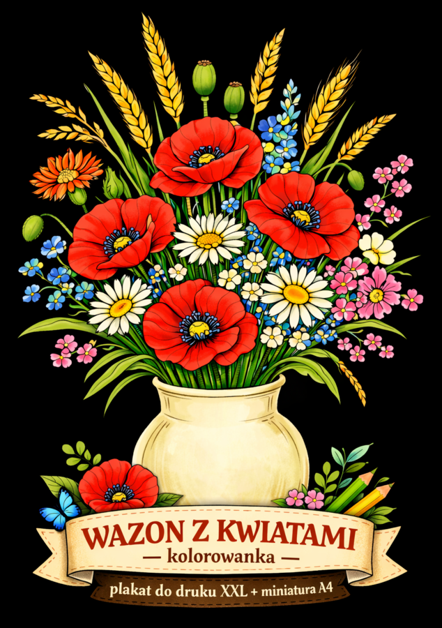 WAZON Z KWIATAMI - kolorowanka - plakat do druku XXL + miniatura A4 - kwiaty (Dzień Kobiet, Dzień Matki)