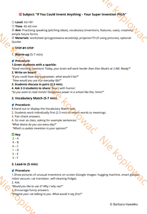 Karta Pracy Super invention pitch - will, might, could A2-B2