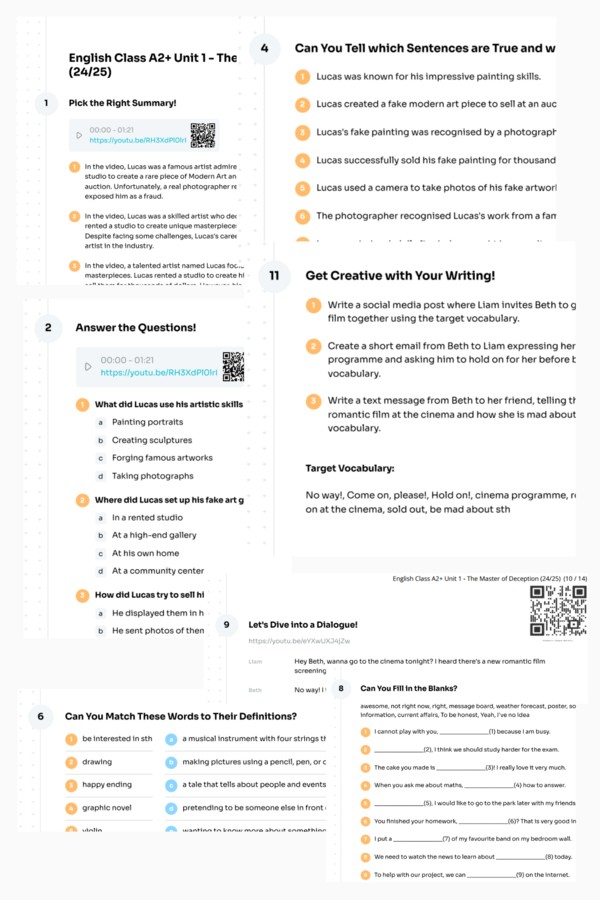 English Class A2+ - Unit 1 - karta pracy - The Master of Deception (24/25) - art, film, culture