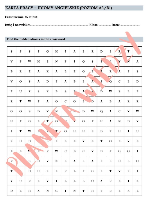 Wykreślanka Popularne Angielskie Idiomy Poziom A2/B1 – PDF do druku + Klucz Odpowiedzi