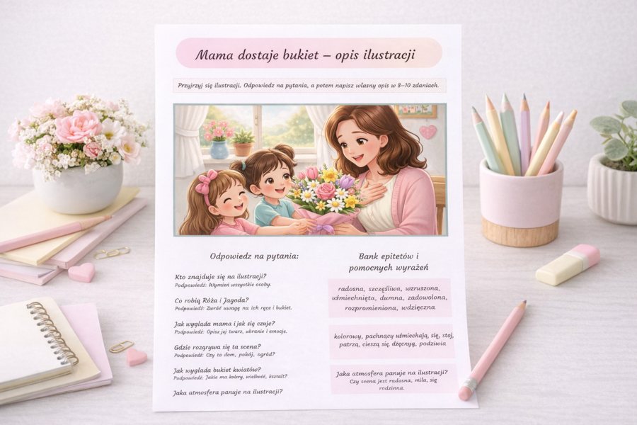 Mama dostaje bukiet - opis ilustracji [Karta pracy]