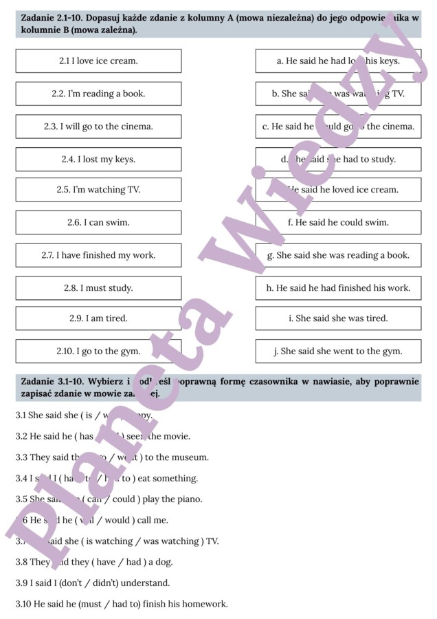 MOWA ZALEŻNA - E8– Zbiór zadań do egzaminu ósmoklasisty z języka angielskiego. Poziom A2/A2+ – 20 STRN ZADAŃ, zamiana zdań na mowę zależna, poprawna składnia, zmiany czasów, wypełnianie luk w tekście, tworzenie własnych zdań i historii + ODPOWIEDZI