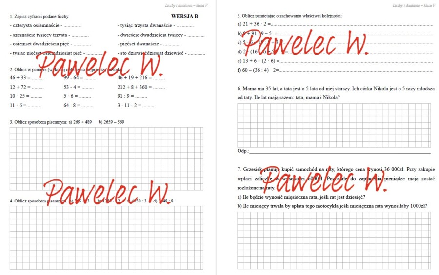 LICZBY I DZIAŁANIA wersja B - sprawdzian z całego działu, kl. 5