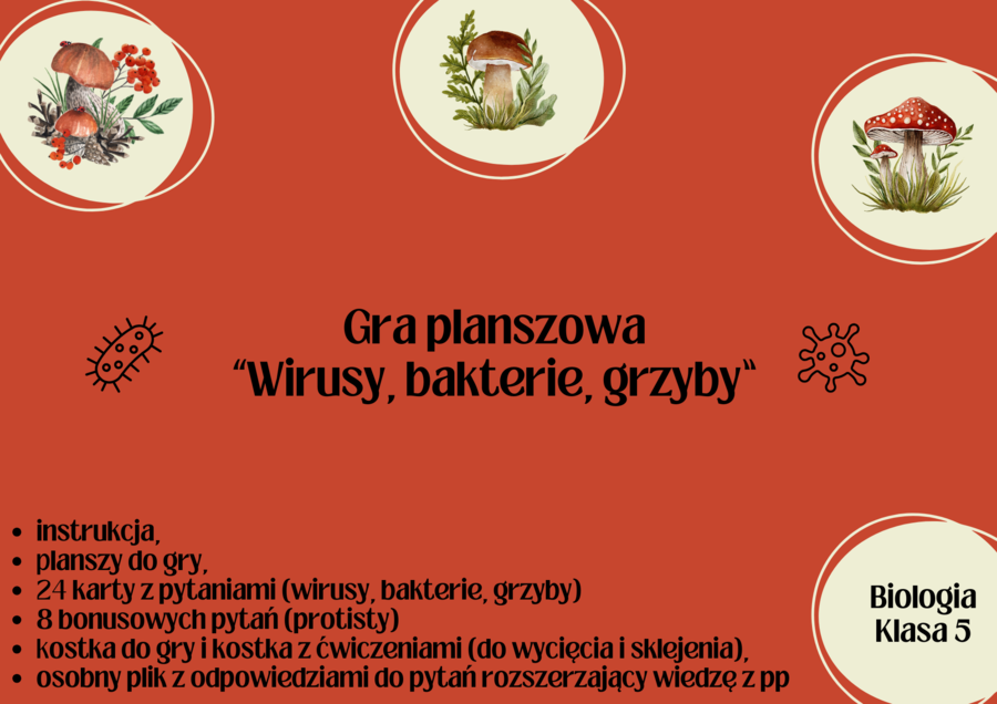Wirusy. Bakterie. Grzyby. Protisty. Gra edukacyjna. Klasa 5. Biologia.