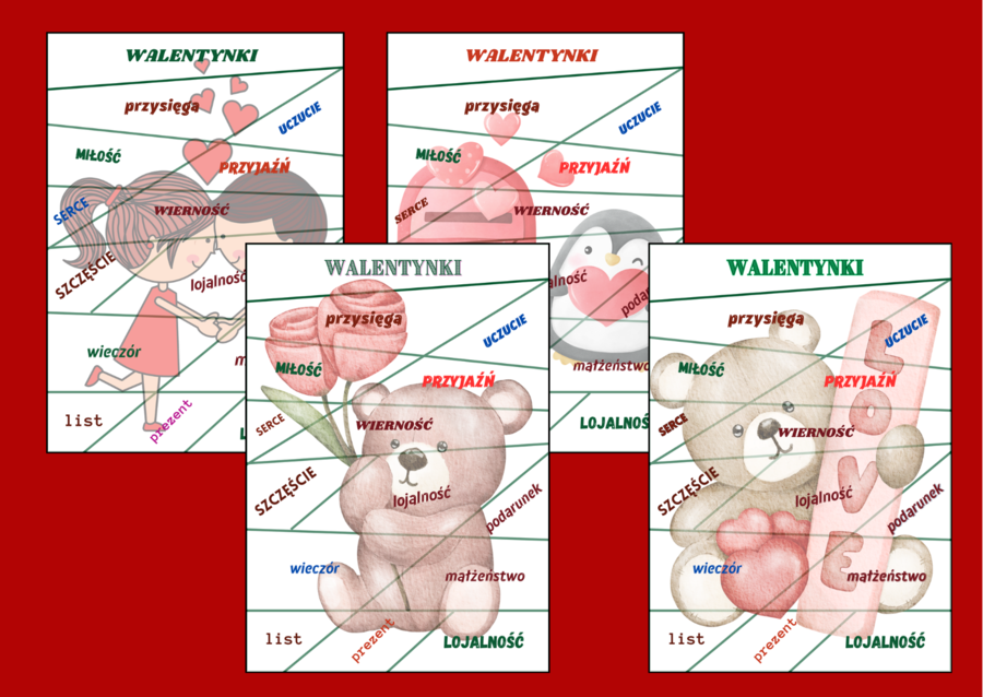WALENTYNKI – ortografia – puzzle – 4 wersje