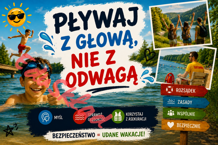 🌞 Bezpieczne Wakacje — nowoczesne plakaty edukacyjne na gazetkę szkolną 🌊🚴⛰️📱