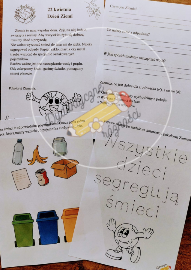 Dzień Ziemi z Ziemusiem. Karta pracy dla klas 1-3. Czytanie ze zrozumieniem + pytania+ quiz prawda/fałsz+ zadanie -segregacja śmieci + poprawianie po śladzie + kolorowanie.