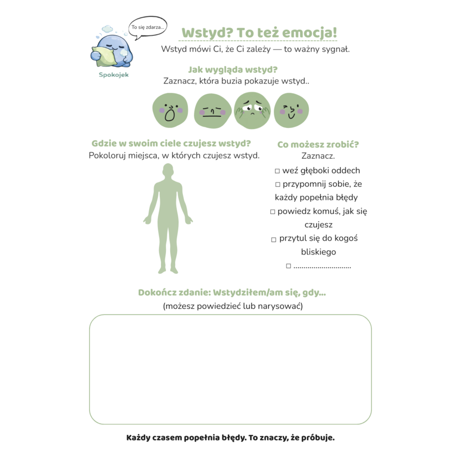 Głowostworki — Pakiet 4: Wstyd, frustracja, duma, odwaga— karty pracy dla dzieci 4–8 lat