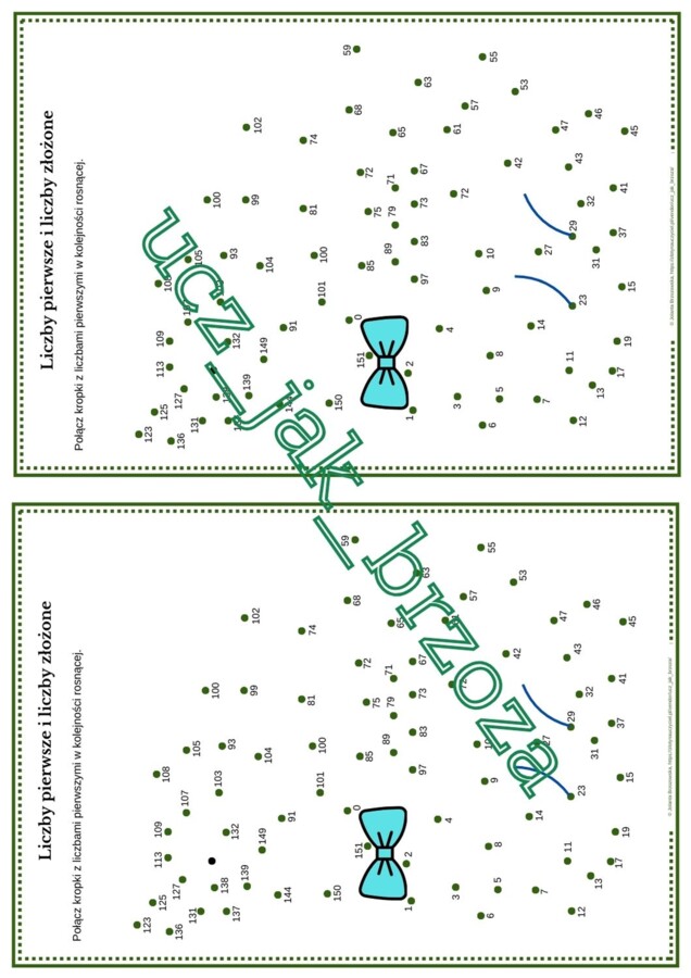 Liczby pierwsze i liczby złożone, połącz kropki, karta pracy, klasa 5