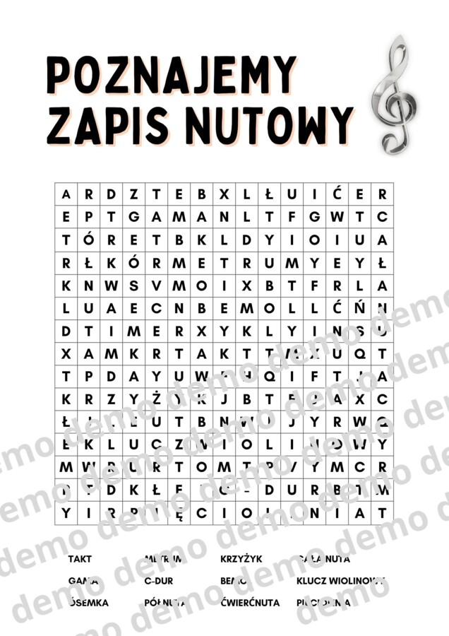 Muzyka, klasa 4-5. Poznajemy zapis nutowy. Karta pracy: wykreślanka.
