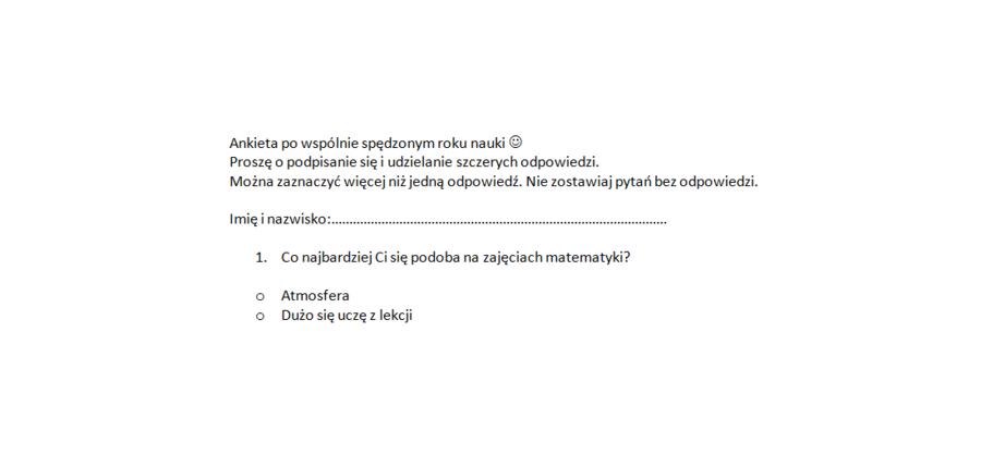 Ankieta po wspólnie spędzonym roku/ półroczu.