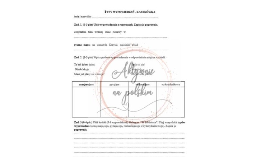 Typy wypowiedzeń - kartkówka