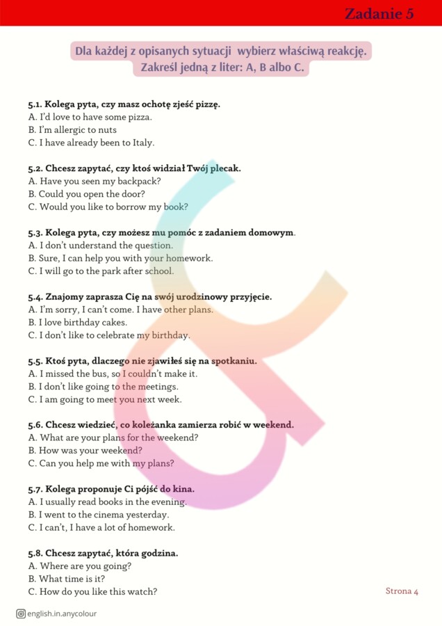 Angielski: Egzamin ósmoklasisty - ponad 600 ćwiczeń do zadań od 5 do 13. Klucz odpowiedzi.