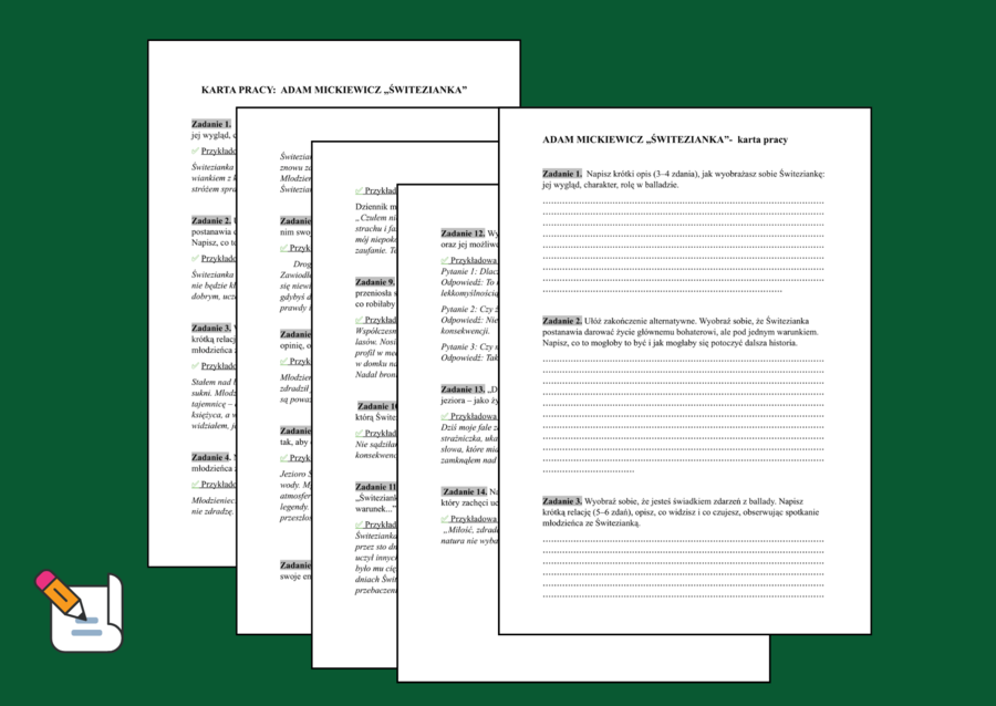 "ŚWITEZIANKA" - kreatywne zadania po omówieniu lektury - KARTA PRACY - 14 zadań + ODPOWIEDZI