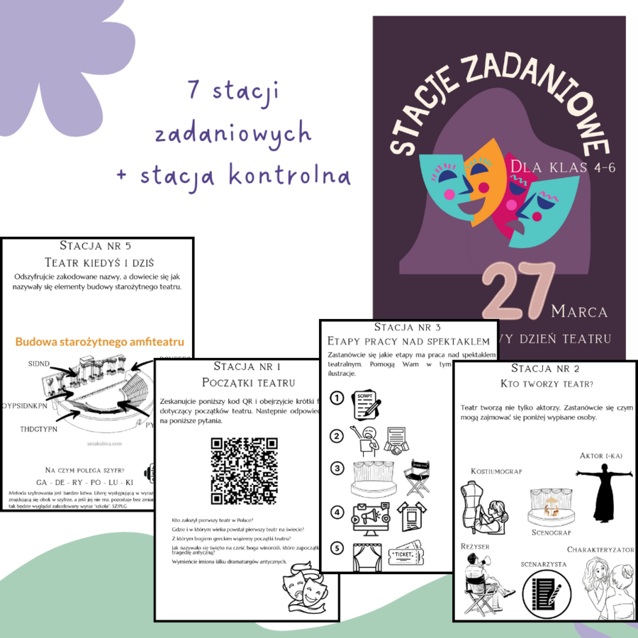 Stacje zadaniowe, Międzynarodowy Dzień Teatru, język polski, lekcja z okazji 27 marca