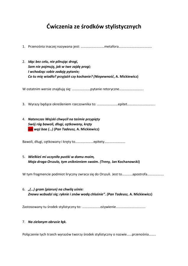 Ćwiczenia ze środków stylistycznych