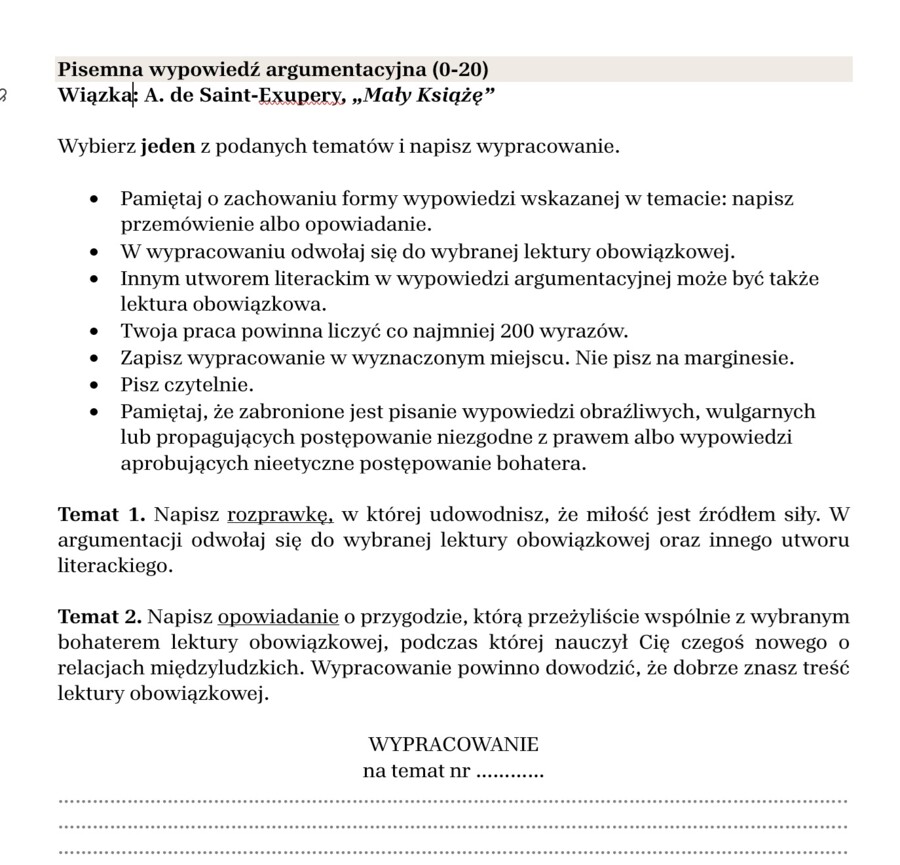 Arkusz egzaminacyjny "Mały Książę"