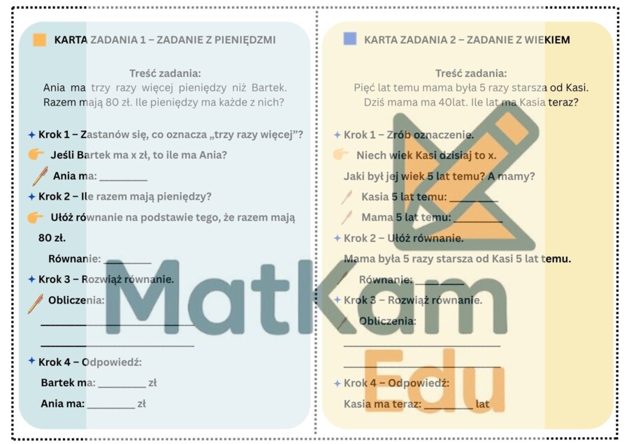 Karty z zadaniami tekstowymi – równania_ krok po kroku