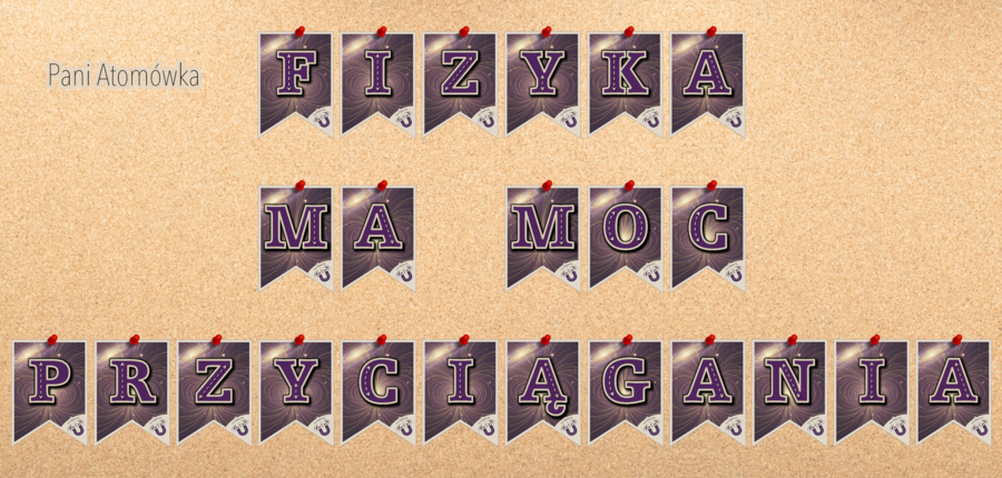Girlanda / baner / proporczyk / napis / dekoracje / ścienna gazetka szkolna. FIZYKA MA MOC PRZYCIĄGANIA!