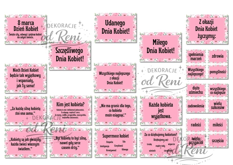 Girlanda - 8 MARCA  DZIEŃ KOBIET + 18 plansz A4 – plik PDF do druku