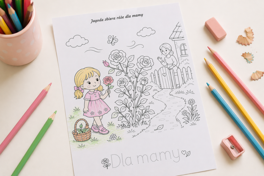 Kolorowanka „Jagoda zbiera róże dla mamy”
