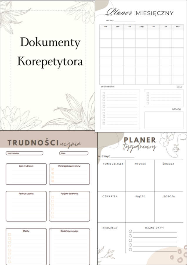 NIezbędnik korepetytora-30 stron do druku: szablony lekcji +planer miesięczny+ przydatne dokumenty+ BONUS relaksacyjny!