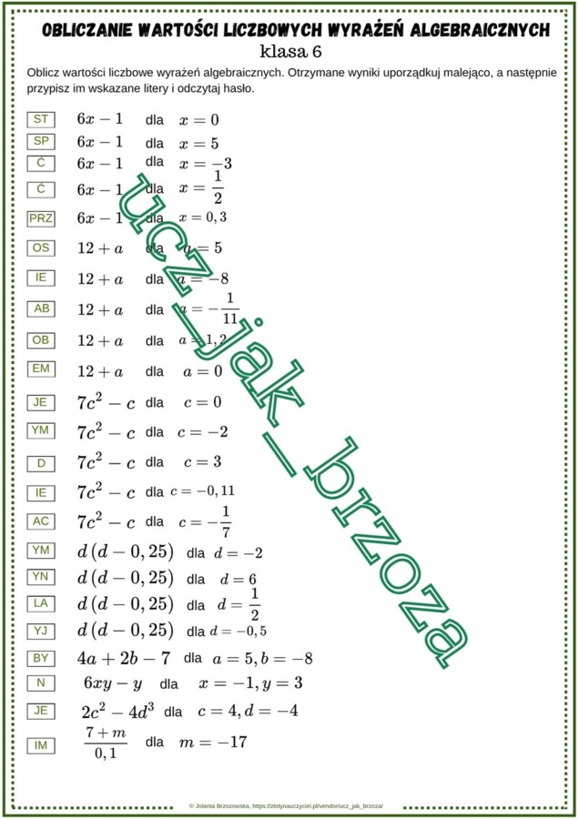 Obliczanie wartości liczbowych wyrażeń algebraicznych