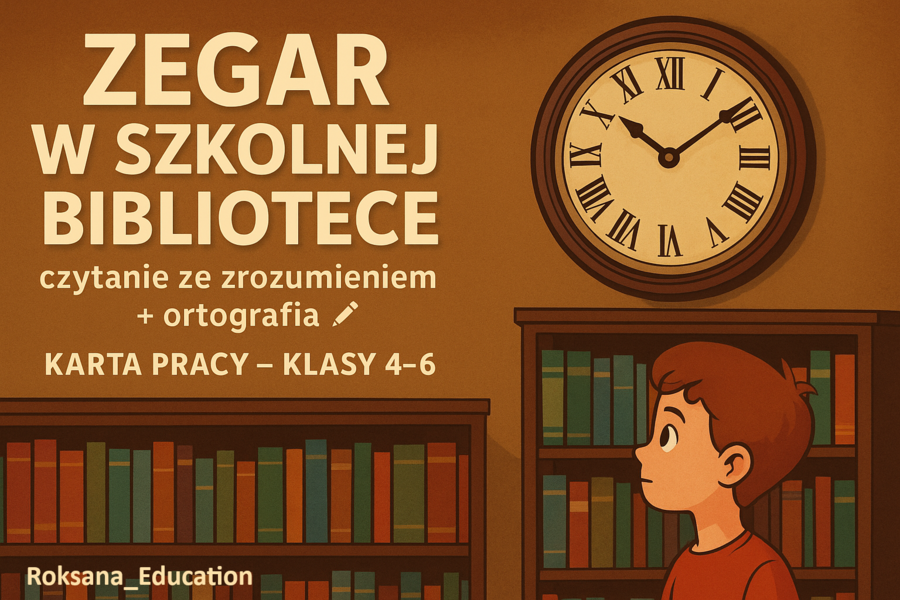 🕰️📚 „Zegar w szkolnej bibliotece” – 15 zadań z czytania ze zrozumieniem + ortografia ✍️ (karta pracy, kl. 4–6)