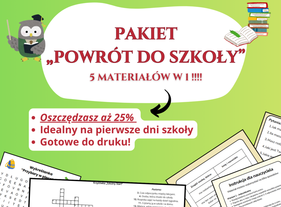 📦 Pakiet „Powrót do szkoły” 🎒📚 – krzyżówka, wykreślanka, quiz integracyjny, dyplom i plakat – początek roku szkolnego, godzina wychowawcza, świetlica, klasy 1–8