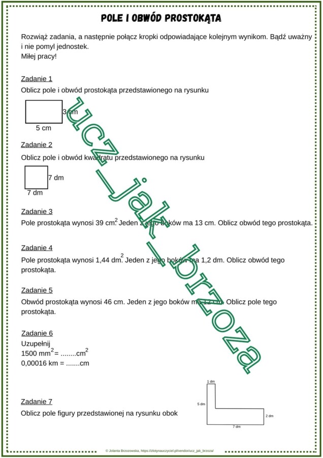 Pole i obwód prostokąta - karta pracy