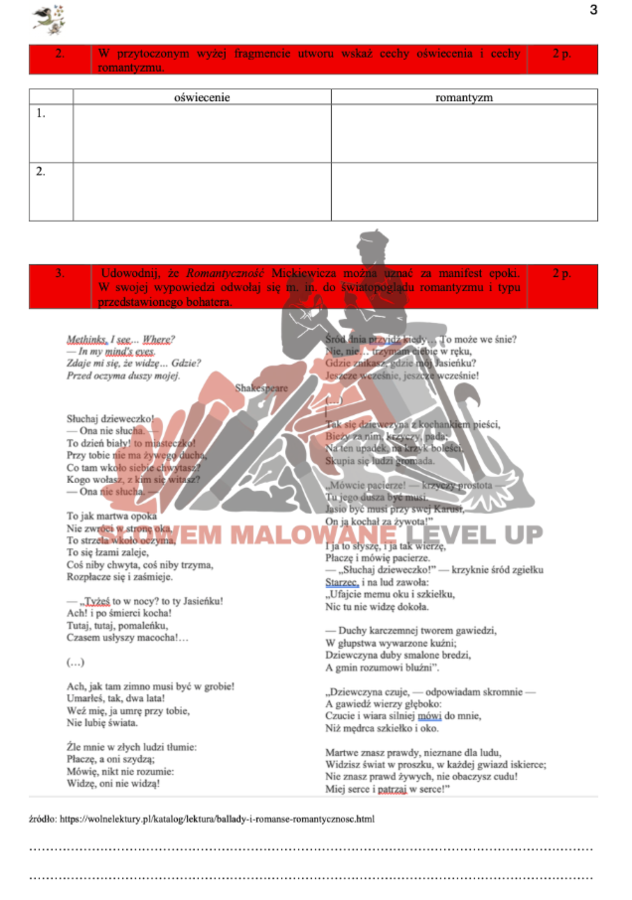 Romantyzm - zbiór zadań maturalnych