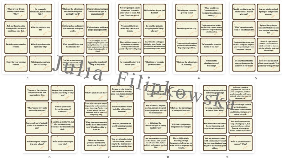 Karty do mówienia/ Mówienie/ Speaking/ Konwersacje/ Klasy 4-6/ Klasy 6-8/ Liceum/ SP/ Warm-up/ Rozgrzewka/ Speaking cards