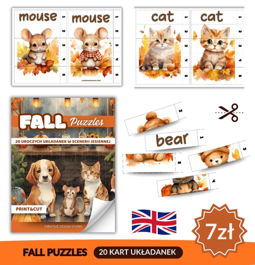 📚🍂 Puzzle w scenerii jesiennej dla najmłodszych w języku angielskim 🍂📚 20 mini układanek dla dzieci ❤️🍁