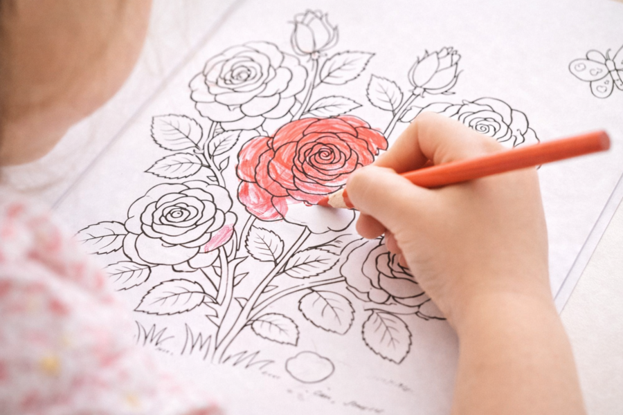 Kolorowanka: Róża, Jagoda i ogród mamy